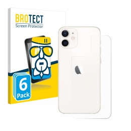 Face avant d’un emballage produit avec le logo de la marque BROTECT. À côté, l’appareil Apple iPhone 12 mini (Arrière) est rep