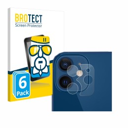 Parte frontal de un envase de producto con el logotipo de la marca BROTECT. Al lado se muestra el dispositivo Apple iPhone 12 