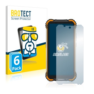 Vorderseite einer Produktverpackung mit dem Markenlogo BROTECT. Daneben ist das Gerät Doogee S58 Pro mit dem zugehörigen Displ