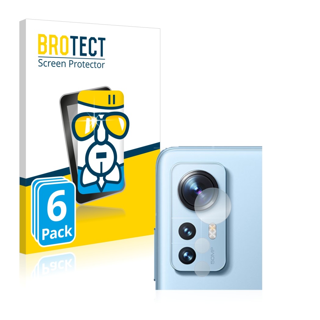 Vorderseite einer Produktverpackung mit dem Markenlogo BROTECT. Daneben ist das Gerät Xiaomi 12 (NUR Kameraschutz) mit dem zug