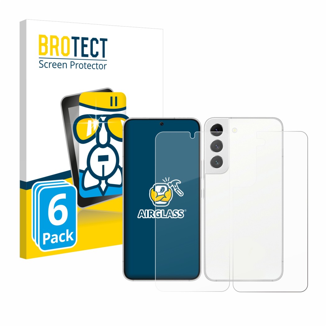 Parte frontal de un envase de producto con el logotipo de la marca BROTECT. Al lado se muestra el dispositivo Samsung Galaxy S