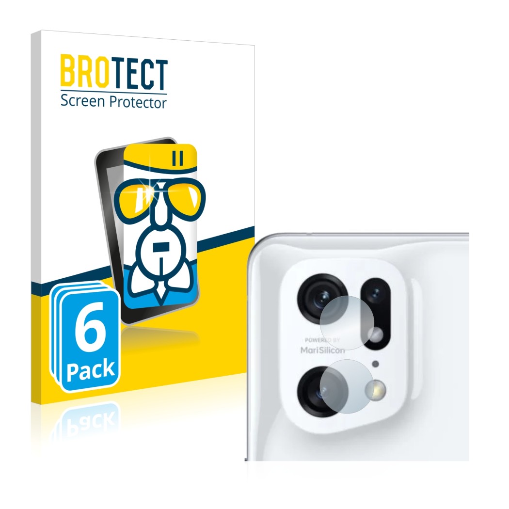 Front side of a product packaging with the brand logo BROTECT. Next to it is the device Oppo Find X5 Pro (ONLY Camera Lens) sh