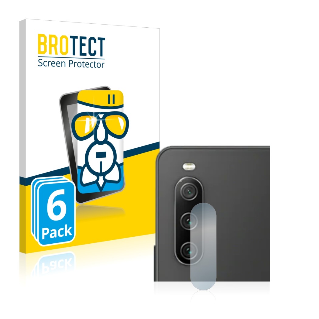 Face avant d’un emballage produit avec le logo de la marque BROTECT. À côté, l’appareil Sony Xperia 10 IV (Caméra UNIQUEMENT) 