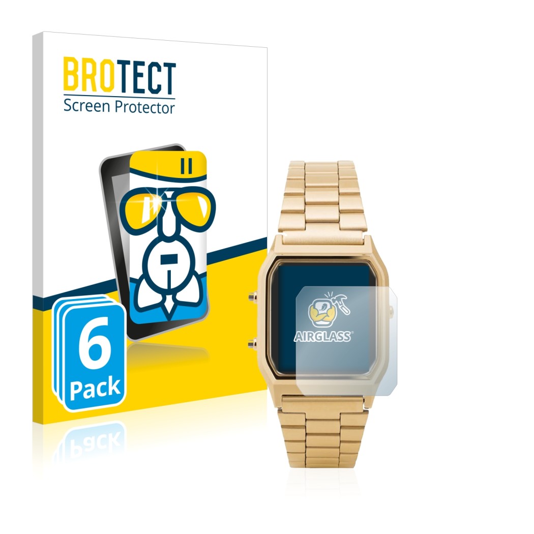 Parte frontale di una confezione del prodotto con il logo del marchio BROTECT. Accanto è raffigurato il dispositivo Casio AQ-2