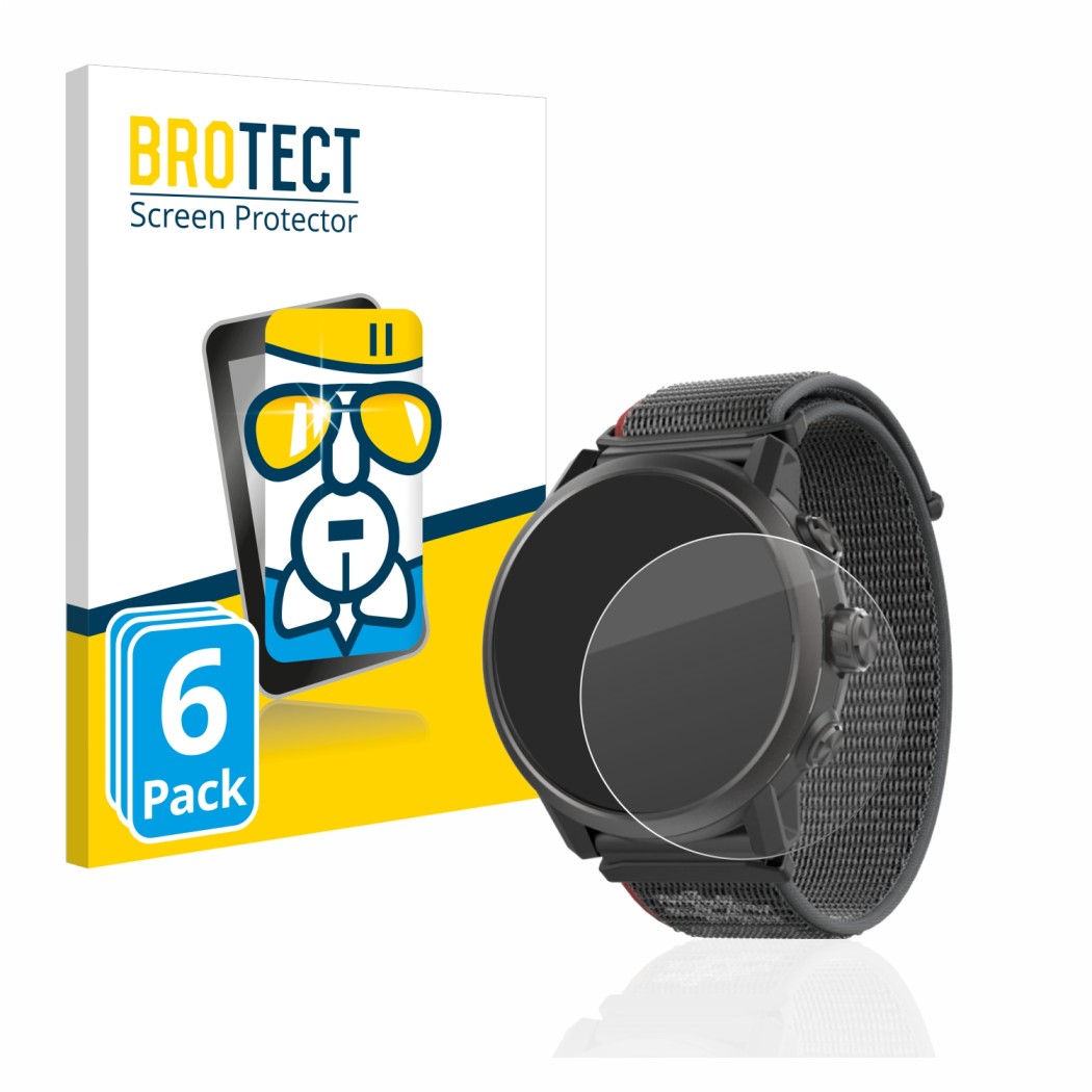 Face avant d’un emballage produit avec le logo de la marque BROTECT. À côté, l’appareil Coros Apex 2 est représenté avec la pr