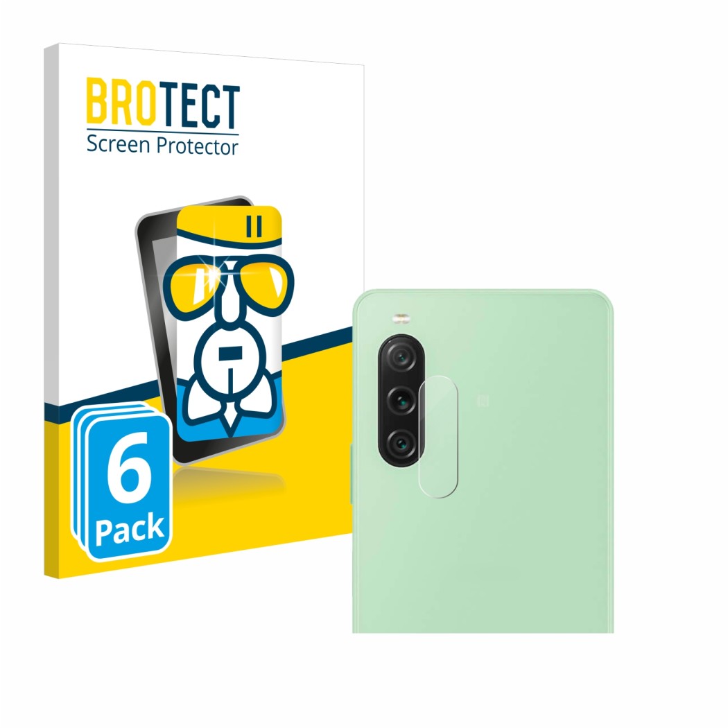 Parte frontal de un envase de producto con el logotipo de la marca BROTECT. Al lado se muestra el dispositivo Sony Xperia 10 V