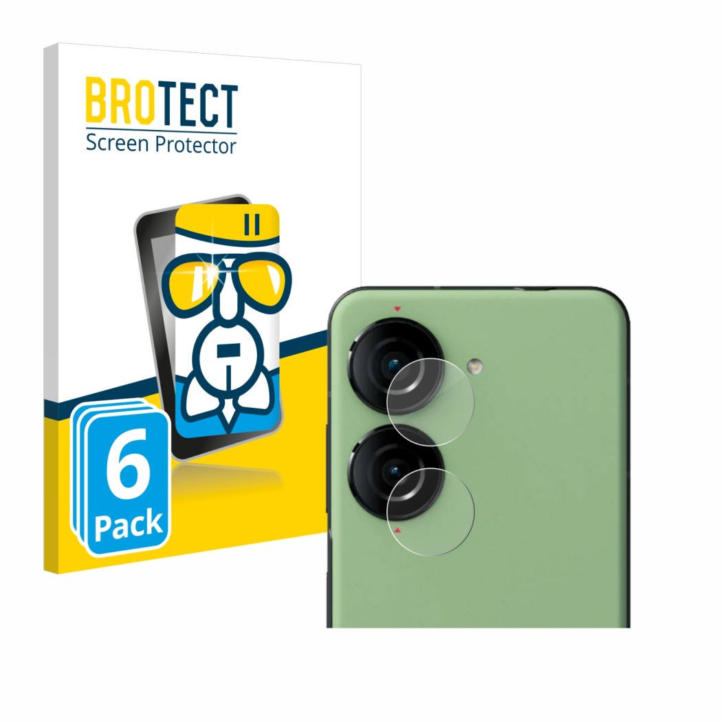 Front side of a product packaging with the brand logo BROTECT. Next to it is the device ASUS ZenFone 10 (ONLY Camera Lens) sho