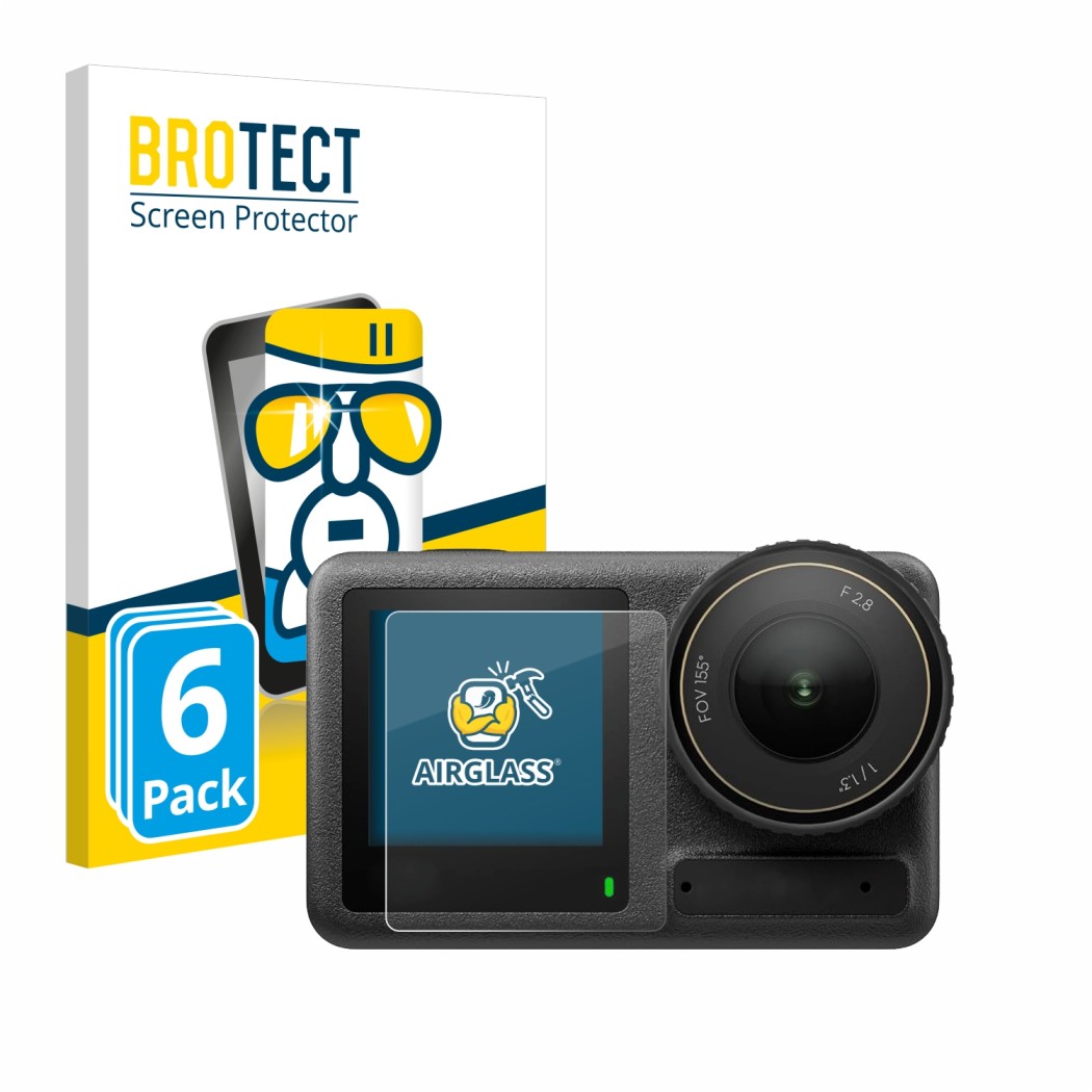 Parte frontale di una confezione del prodotto con il logo del marchio BROTECT. Accanto è raffigurato il dispositivo DJI Osmo A