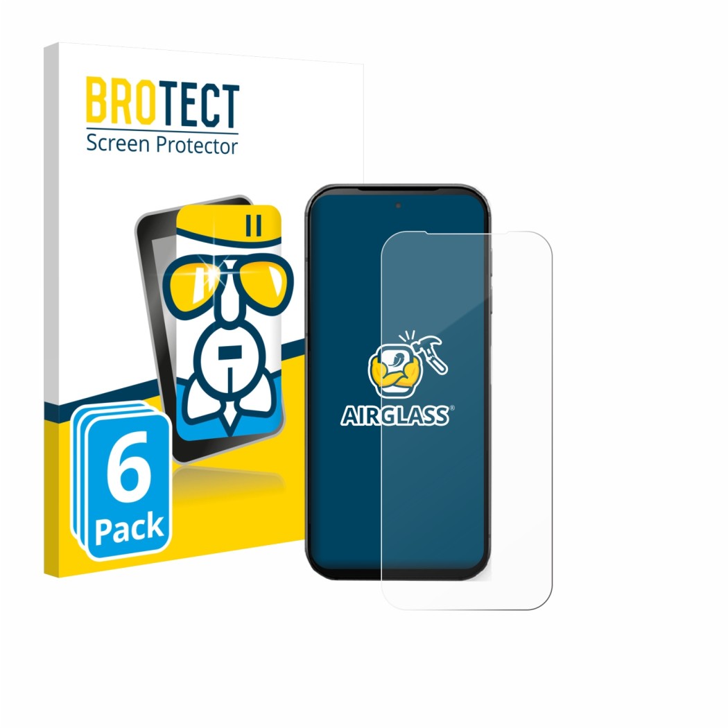 Front side of a product packaging with the brand logo BROTECT. Next to it is the device Fairphone 5 shown with the correspondi