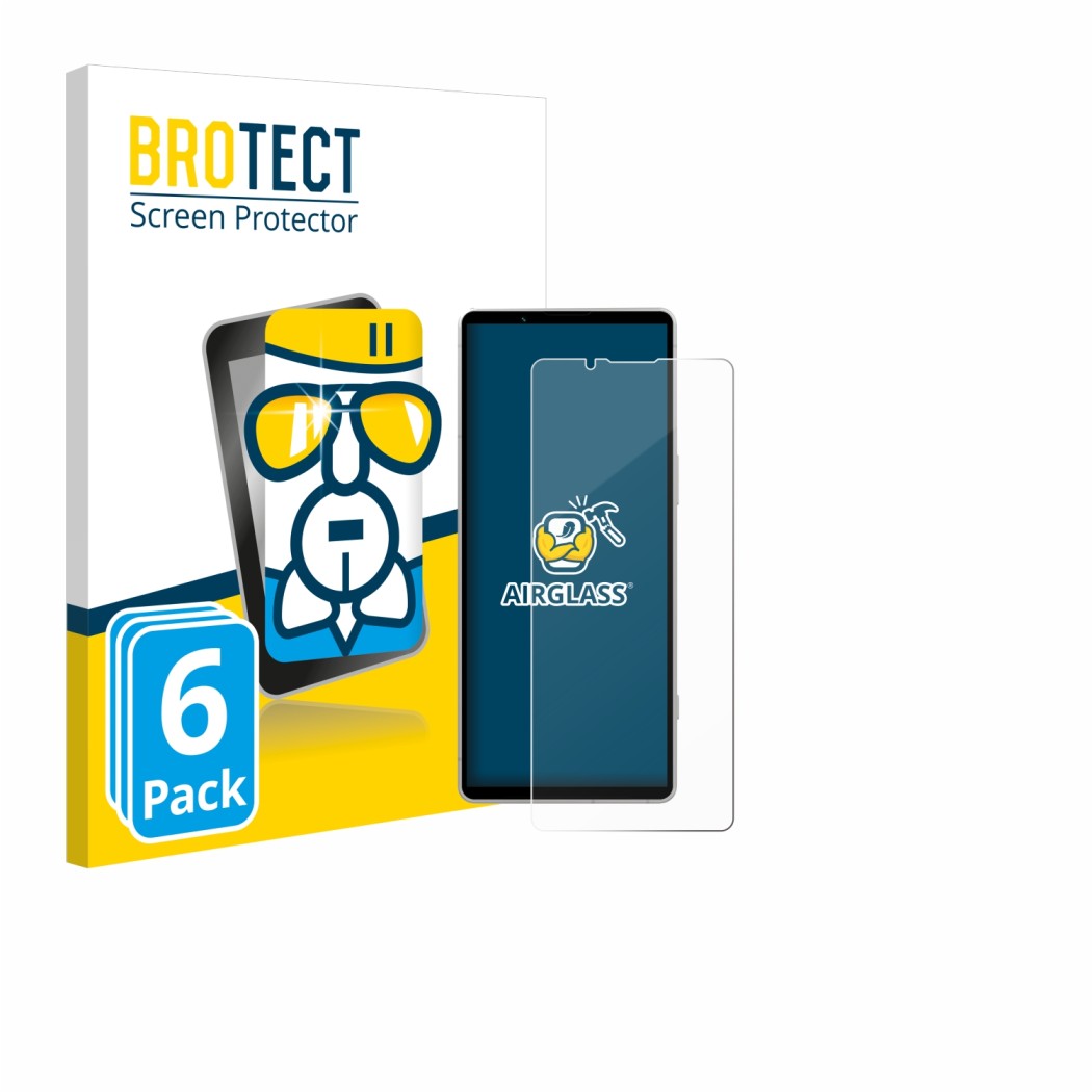 Parte frontal de un envase de producto con el logotipo de la marca BROTECT. Al lado se muestra el dispositivo Sony Xperia 5 V