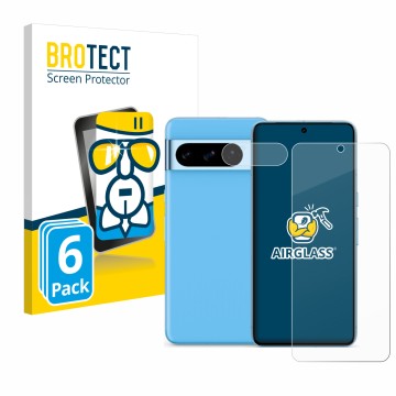 Parte frontal de un envase de producto con el logotipo de la marca BROTECT. Al lado se muestra el dispositivo Google Pixel 8 P