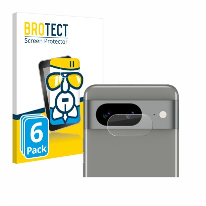 Front side of a product packaging with the brand logo BROTECT. Next to it is the device Google Pixel 8 (ONLY Camera Lens) show