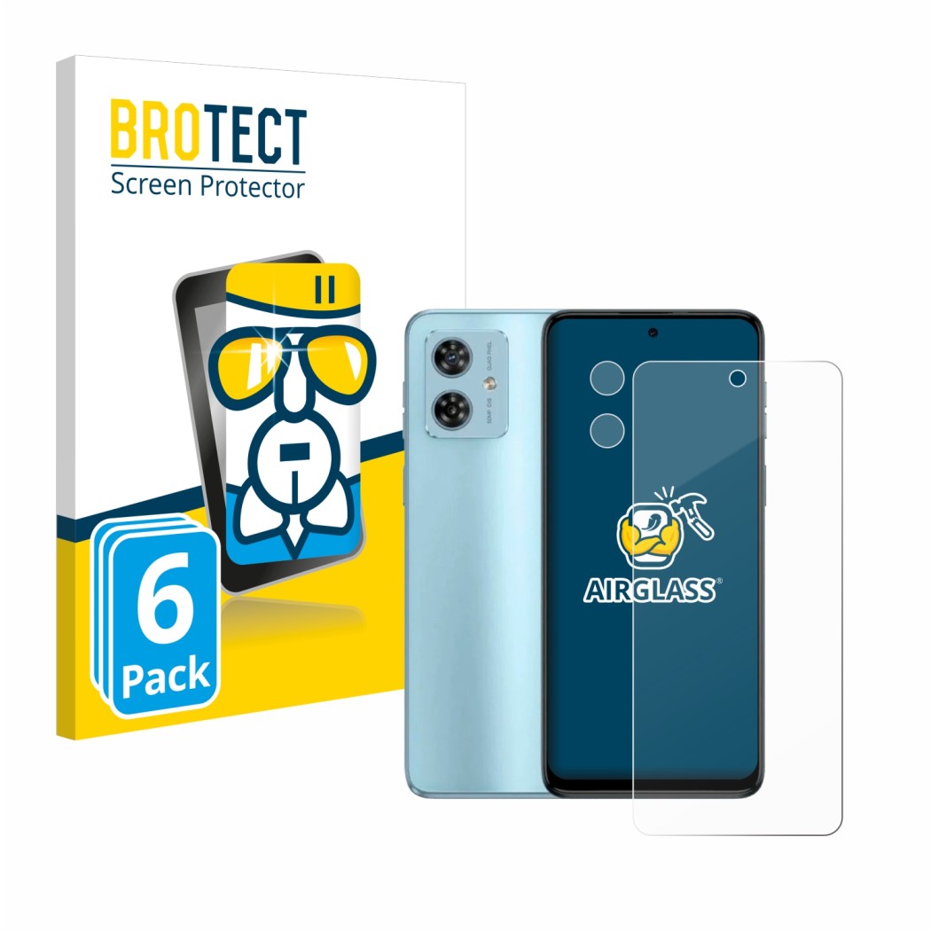 Face avant d’un emballage produit avec le logo de la marque BROTECT. À côté, l’appareil Motorola Moto G54 (Avant+Caméra) est r