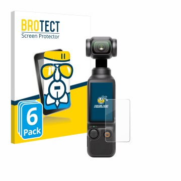 Front side of a product packaging with the brand logo BROTECT. Next to it is the device DJI Osmo Pocket 3 shown with the corre