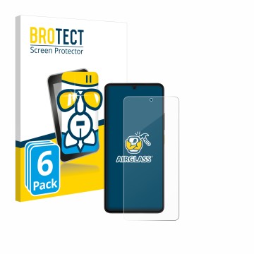 Front side of a product packaging with the brand logo BROTECT. Next to it is the device Xiaomi Poco X6 Pro shown with the corr