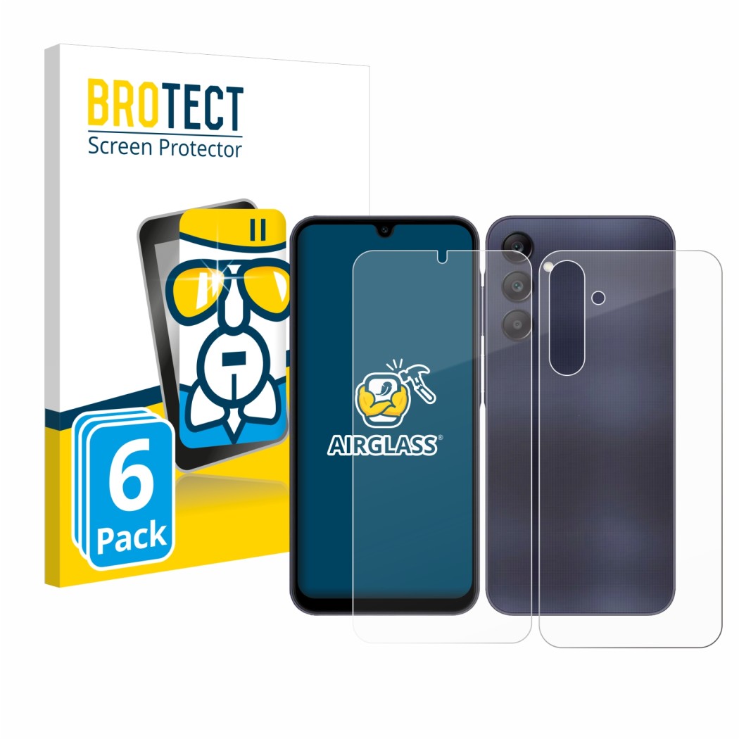 Vorderseite einer Produktverpackung mit dem Markenlogo BROTECT. Daneben ist das Gerät Samsung Galaxy A25 5G (Display+Rückseite