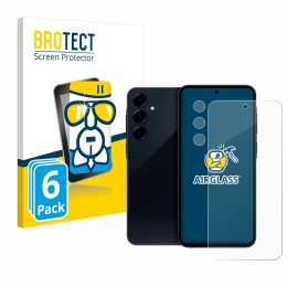Parte frontal de un envase de producto con el logotipo de la marca BROTECT. Al lado se muestra el dispositivo Samsung Galaxy A