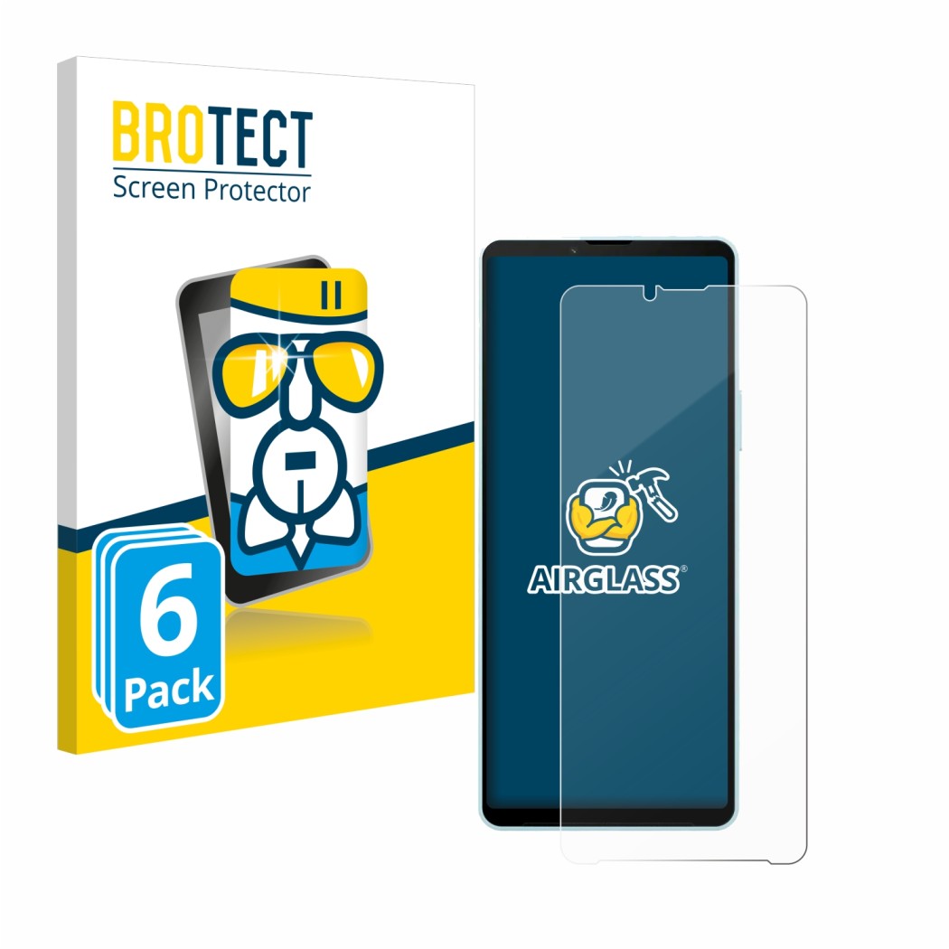 Front side of a product packaging with the brand logo BROTECT. Next to it is the device Sony Xperia 10 VI shown with the corre