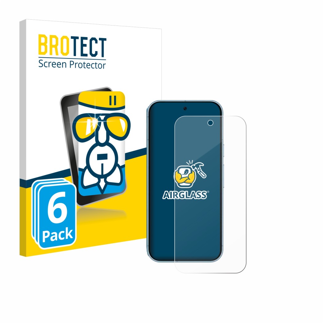 Front side of a product packaging with the brand logo BROTECT. Next to it is the device Google Pixel 9 shown with the correspo