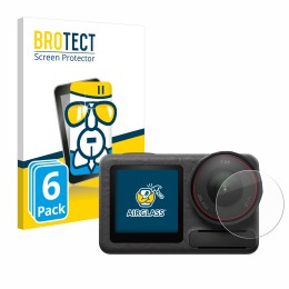 Face avant d’un emballage produit avec le logo de la marque BROTECT. À côté, l’appareil DJI Osmo Action 5 Pro (Lentille) est r