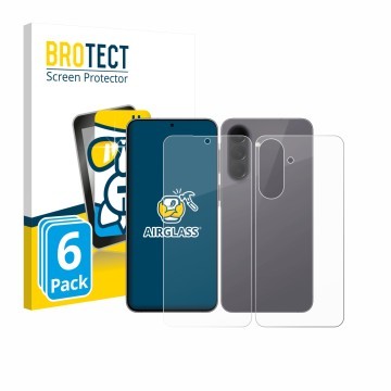Parte frontal de un envase de producto con el logotipo de la marca BROTECT. Al lado se muestra el dispositivo Samsung Galaxy A