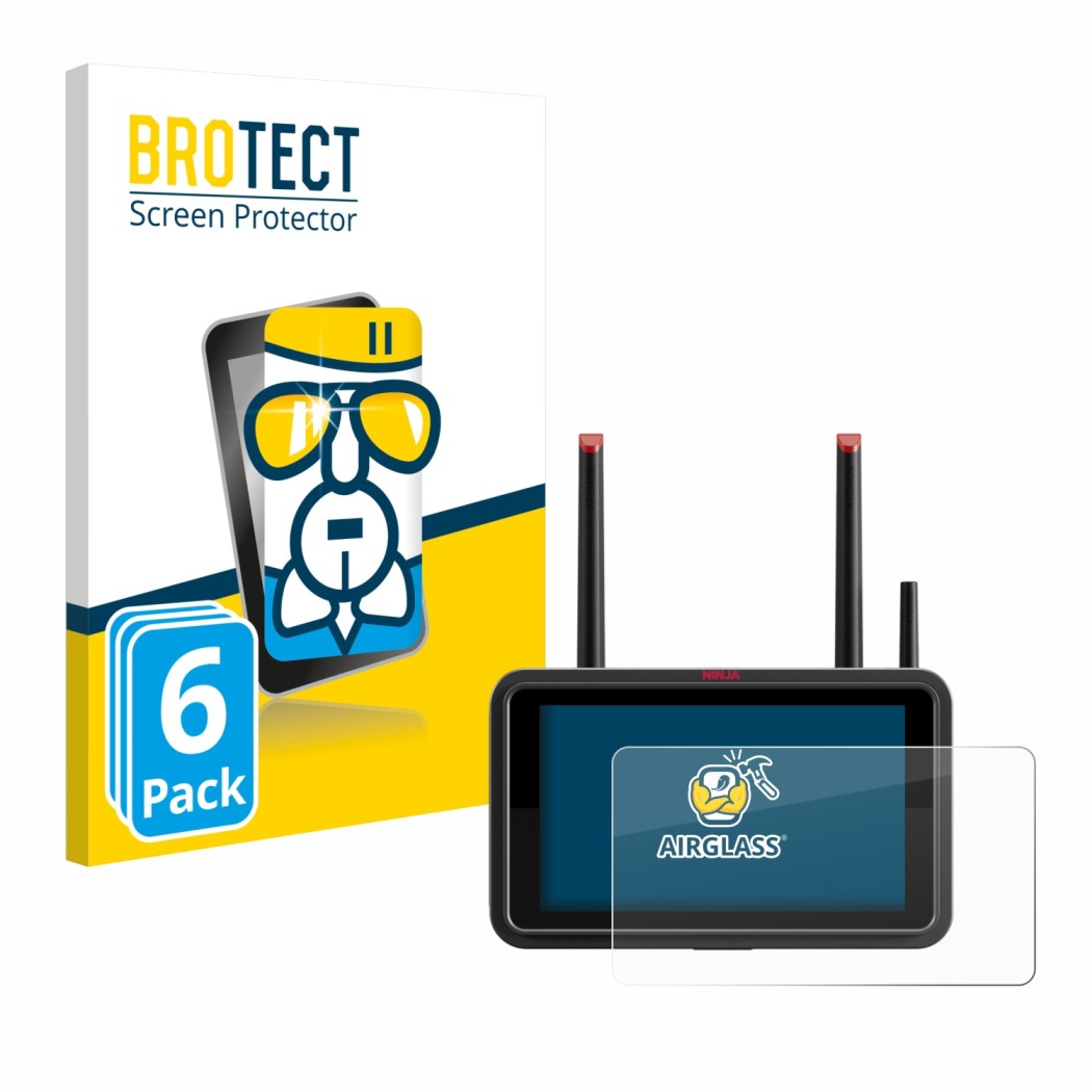 Vorderseite einer Produktverpackung mit dem Markenlogo BROTECT. Daneben ist das Gerät Atomos Ninja TX mit dem zugehörigen Disp