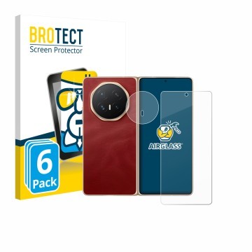 Front side of a product packaging with the brand logo BROTECT. Next to it is the device Honor Magic V6 (Front+Camera) shown wi