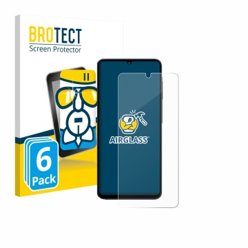 Parte frontal de un envase de producto con el logotipo de la marca BROTECT. Al lado se muestra el dispositivo Samsung Galaxy M