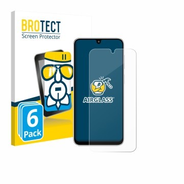 Parte frontal de un envase de producto con el logotipo de la marca BROTECT. Al lado se muestra el dispositivo Samsung Galaxy M