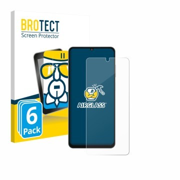 Face avant d’un emballage produit avec le logo de la marque BROTECT. À côté, l’appareil Samsung Galaxy M06 est représenté avec