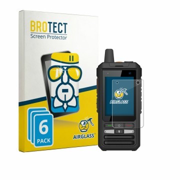 Parte frontal de un envase de producto con el logotipo de la marca BROTECT. Al lado se muestra el dispositivo Uniwa F80S con s