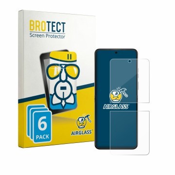Front side of a product packaging with the brand logo BROTECT. Next to it is the device Motorola Razr 70 shown with the corres