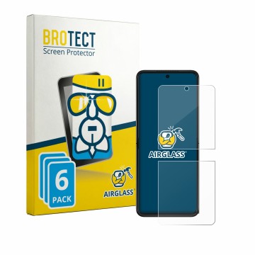 Front side of a product packaging with the brand logo BROTECT. Next to it is the device Motorola Razr 70 Plus shown with the c
