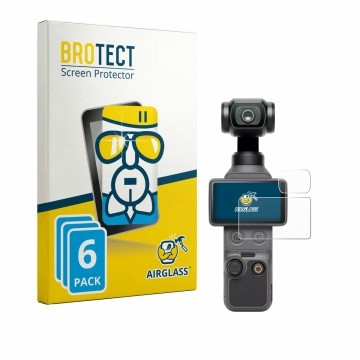 Vorderseite einer Produktverpackung mit dem Markenlogo BROTECT. Daneben ist das Gerät DJI Osmo Pocket 4 (Display + Linse) mit 