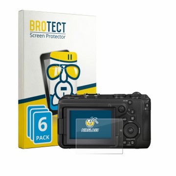 Vorderseite einer Produktverpackung mit dem Markenlogo BROTECT. Daneben ist das Gerät Canon EOS R6 V mit dem zugehörigen Displ