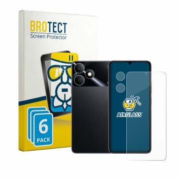 Parte frontal de un envase de producto con el logotipo de la marca BROTECT. Al lado se muestra el dispositivo realme Note 80 (