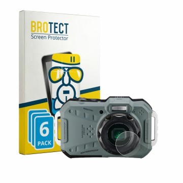 Face avant d’un emballage produit avec le logo de la marque BROTECT. À côté, l’appareil Ricoh Pentax WG-1000 (Lentille) est re