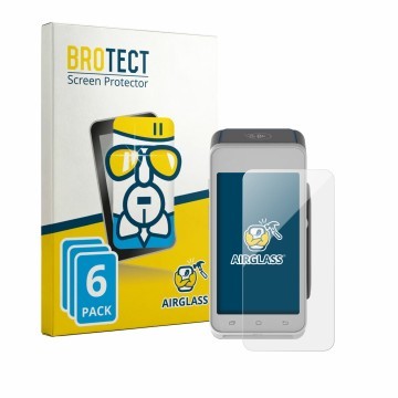 Front side of a product packaging with the brand logo BROTECT. Next to it is the device Pax A910S shown with the corresponding