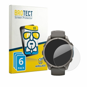 Face avant d’un emballage produit avec le logo de la marque BROTECT. À côté, l’appareil Garmin Fenix 9 (47 mm) est représenté 
