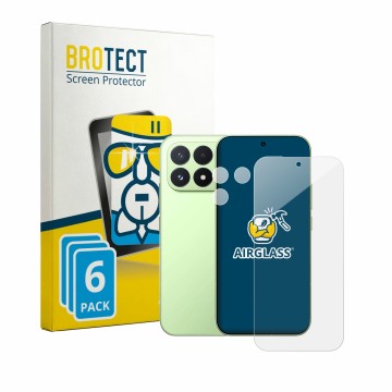 Front side of a product packaging with the brand logo BROTECT. Next to it is the device Xiaomi Poco F9 Pro (Front+Camera) show