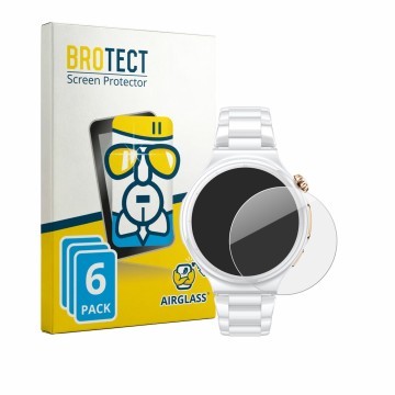 Vorderseite einer Produktverpackung mit dem Markenlogo BROTECT. Daneben ist das Gerät Huawei Watch 6 Pro 43 mm mit dem zugehör