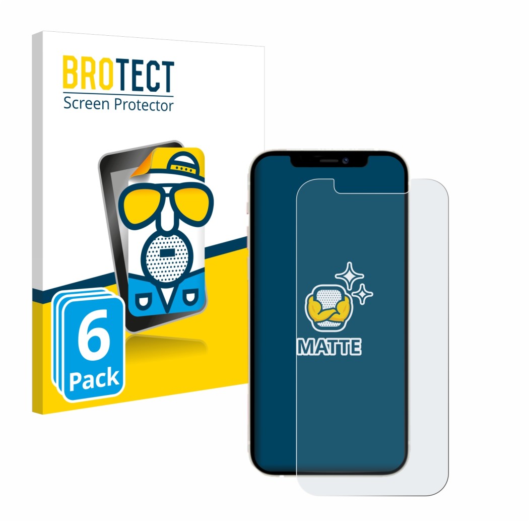 Front side of a product packaging with the brand logo BROTECT. Next to it is the device Apple iPhone 12 shown with the corresp