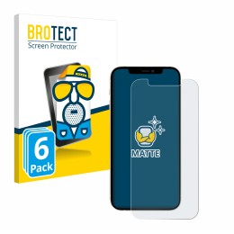 Front side of a product packaging with the brand logo BROTECT. Next to it is the device Apple iPhone 12 shown with the corresp