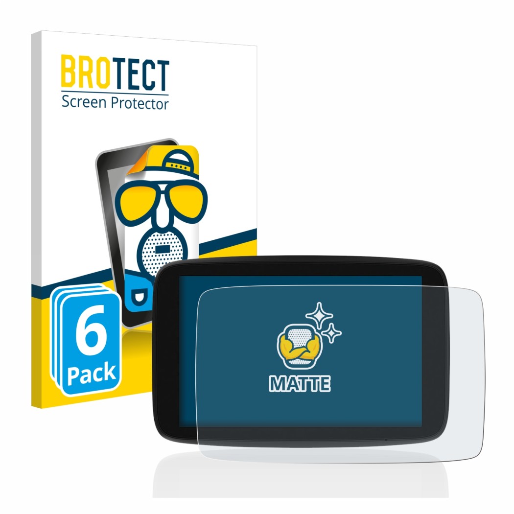 Parte frontal de un envase de producto con el logotipo de la marca BROTECT. Al lado se muestra el dispositivo TomTom Go Expert