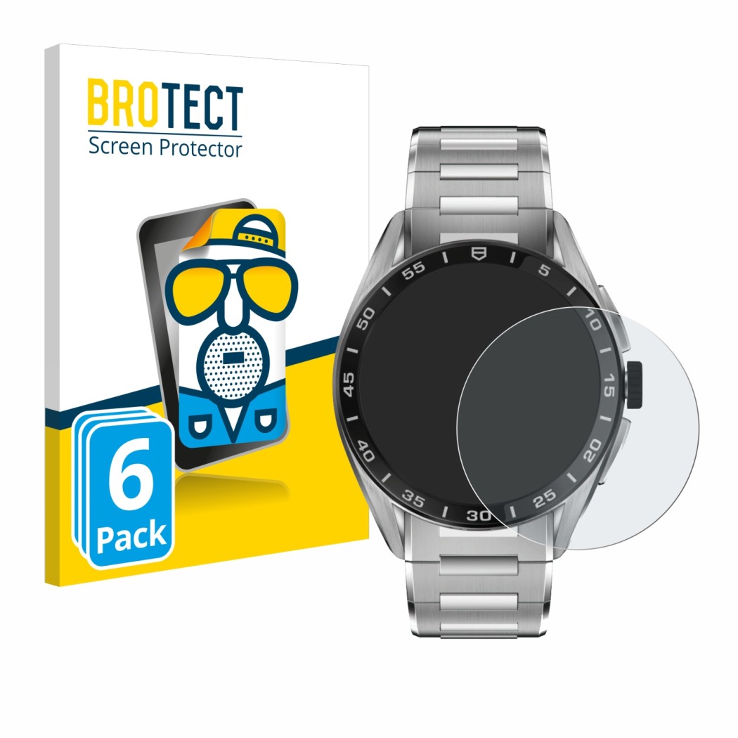 Face avant d’un emballage produit avec le logo de la marque BROTECT. À côté, l’appareil TAG Heuer Connected Calibre E4 (45 mm)