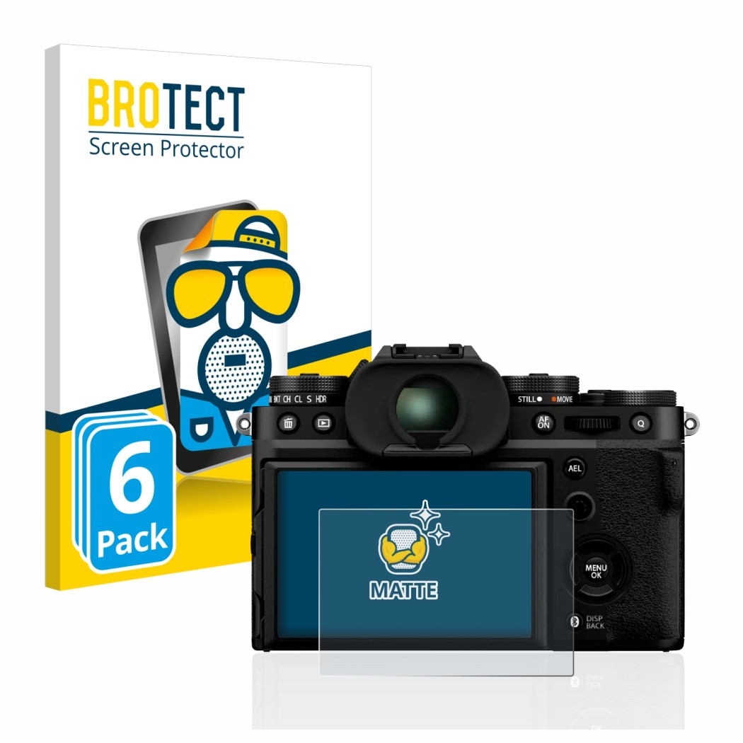 Front side of a product packaging with the brand logo BROTECT. Next to it is the device Fujifilm X-T5 shown with the correspon