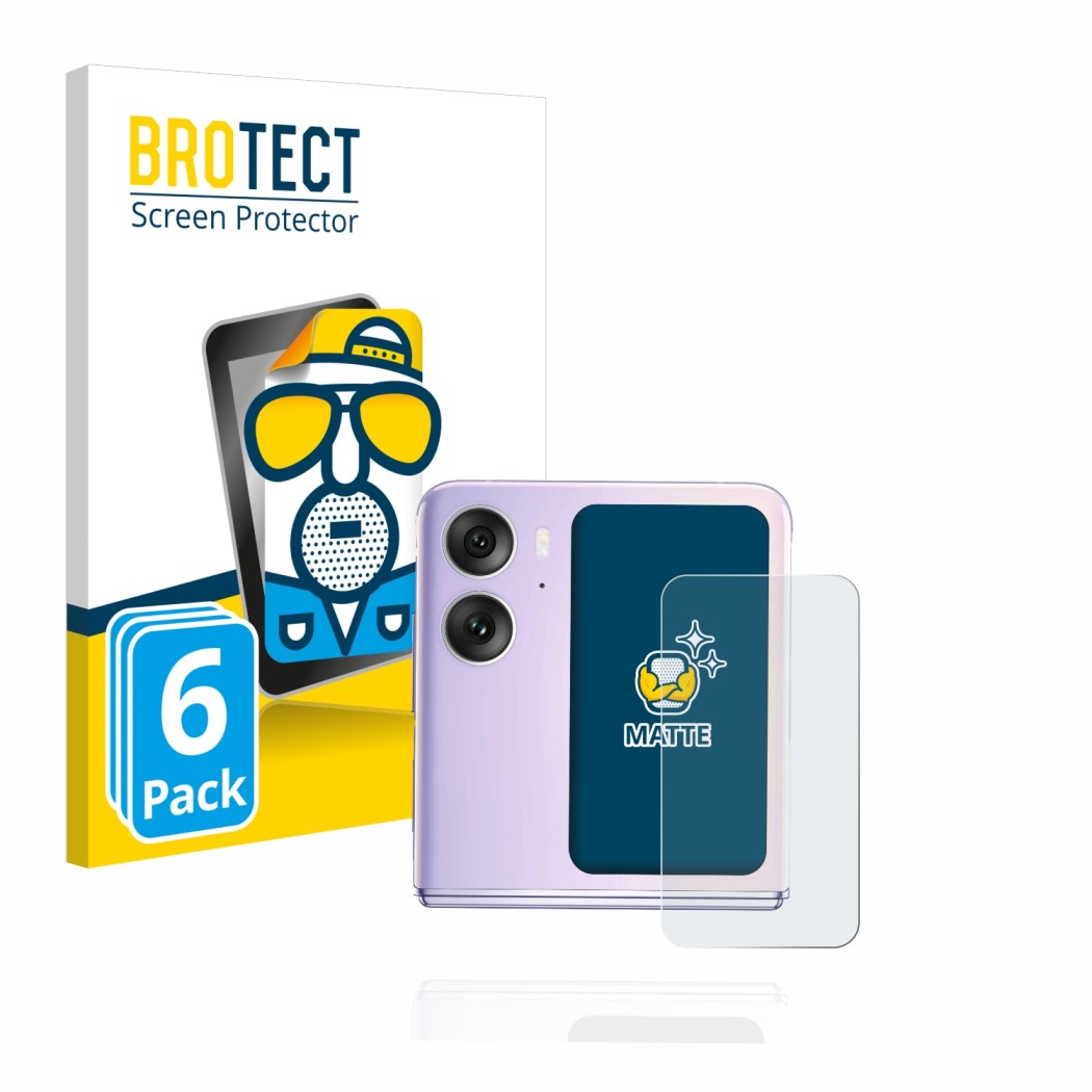 Face avant d’un emballage produit avec le logo de la marque BROTECT. À côté, l’appareil Oppo Find N2 Flip (Affichage arrière) 