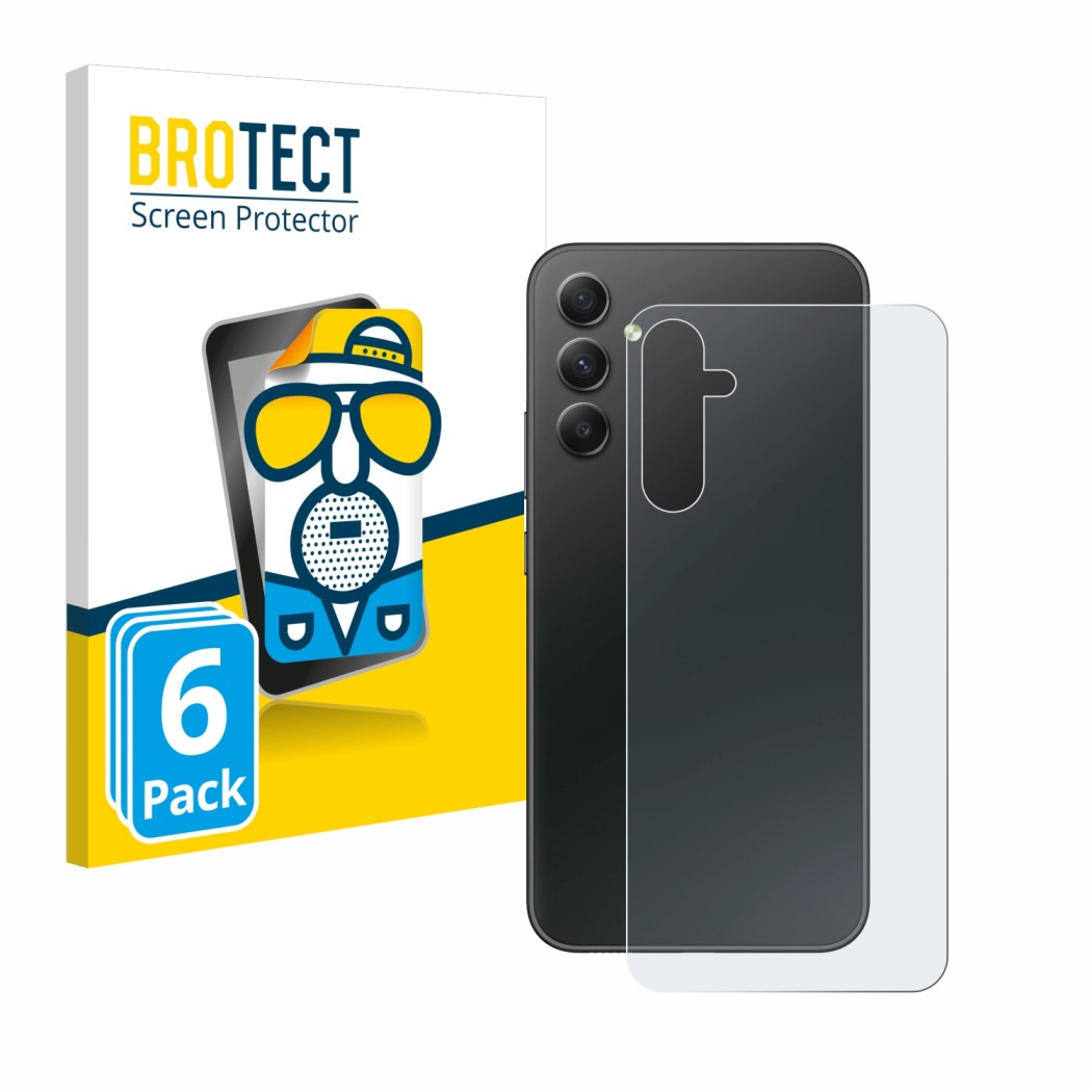Front side of a product packaging with the brand logo BROTECT. Next to it is the device Samsung Galaxy A34 5G (Back) shown wit