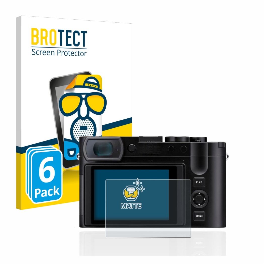 Parte frontale di una confezione del prodotto con il logo del marchio BROTECT. Accanto è raffigurato il dispositivo Leica Q3 c