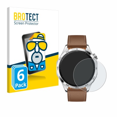Vorderseite einer Produktverpackung mit dem Markenlogo BROTECT. Daneben ist das Gerät Huawei Watch GT 4 (46mm) mit dem zugehör